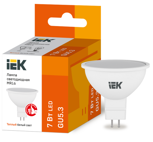 Лампа светодиодная IEK ECO MR16 софит 7Вт 3000К GU5.3 220В 7Вт 630Лм 3000К 54х49мм картинка 